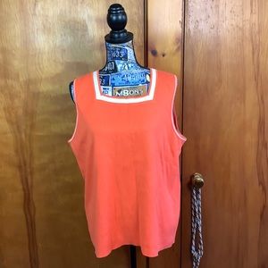 Evie Woman Sleeveless Cotton Blend Sweater. 2X.  Orange With White Trim.